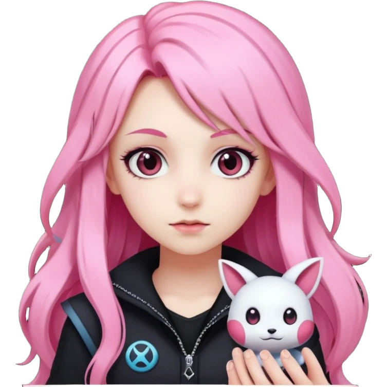 A cute goth girl with long pink hair whose a pokemon trainer  emoji