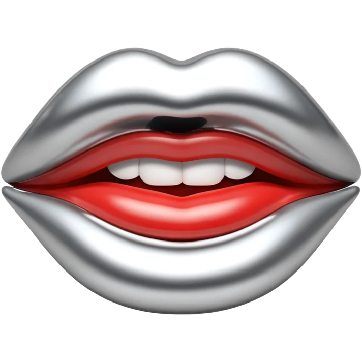 female lips emoji, smooth liquid metal chrome surface, sculpted shape, high-gloss reflections, monochrome futuristic 3D style, isolated on white emoji