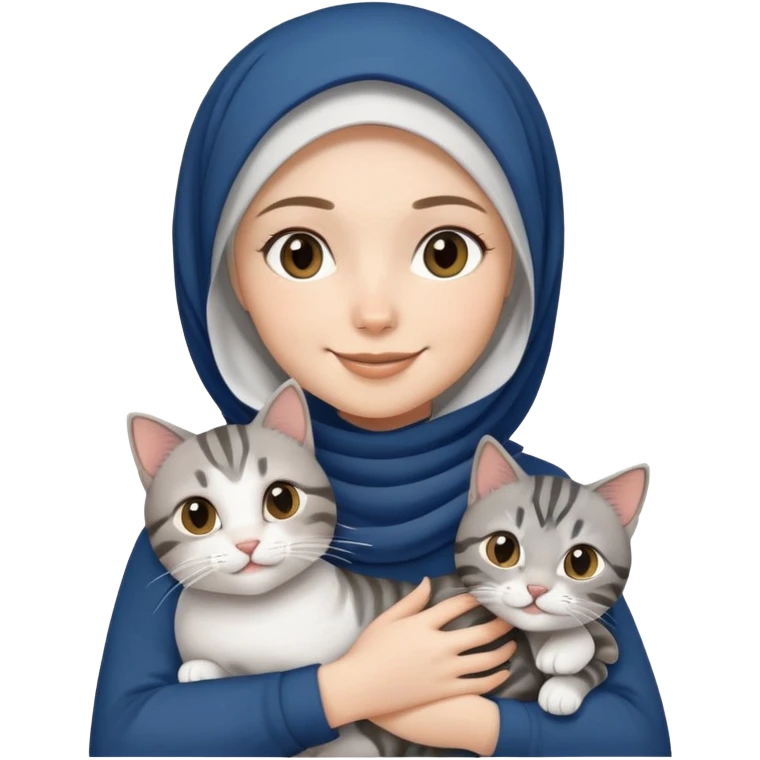 White girl wearing dark blue hijab with white shirt smiling while holding a black grey tabby cat emoji