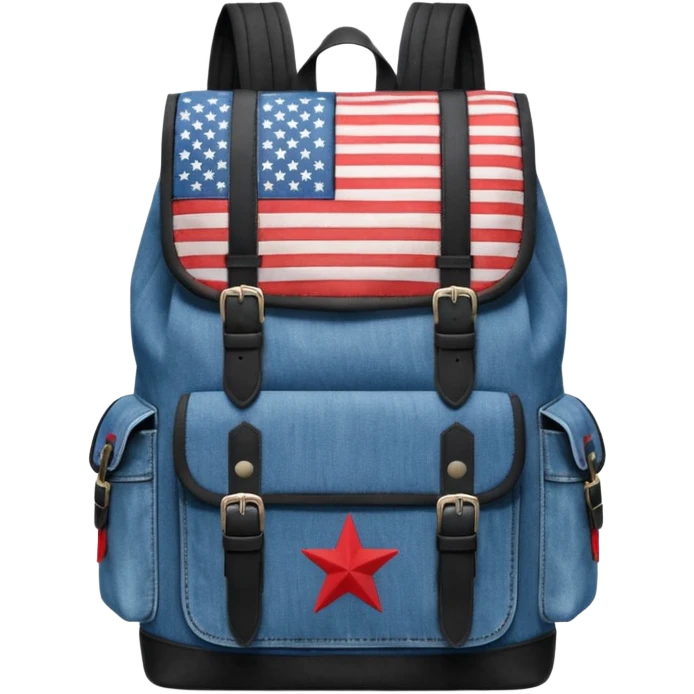 a blue denim backpack with a flap top, two vertical black buckle straps on the front. The backpack has two side pockets and a soft square shape. at front view bottom pocket, red and with two divided logo like simple american flag

 emoji