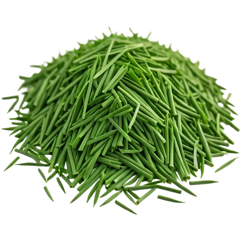 loose scatter of finely chopped dry green herb bits, short tubular shapes, crisp matte texture, uniform thin straight pieces, vibrant to muted green tones, evoking dried chive stalks, soft lighting, subtle shadows, emoji scale emoji