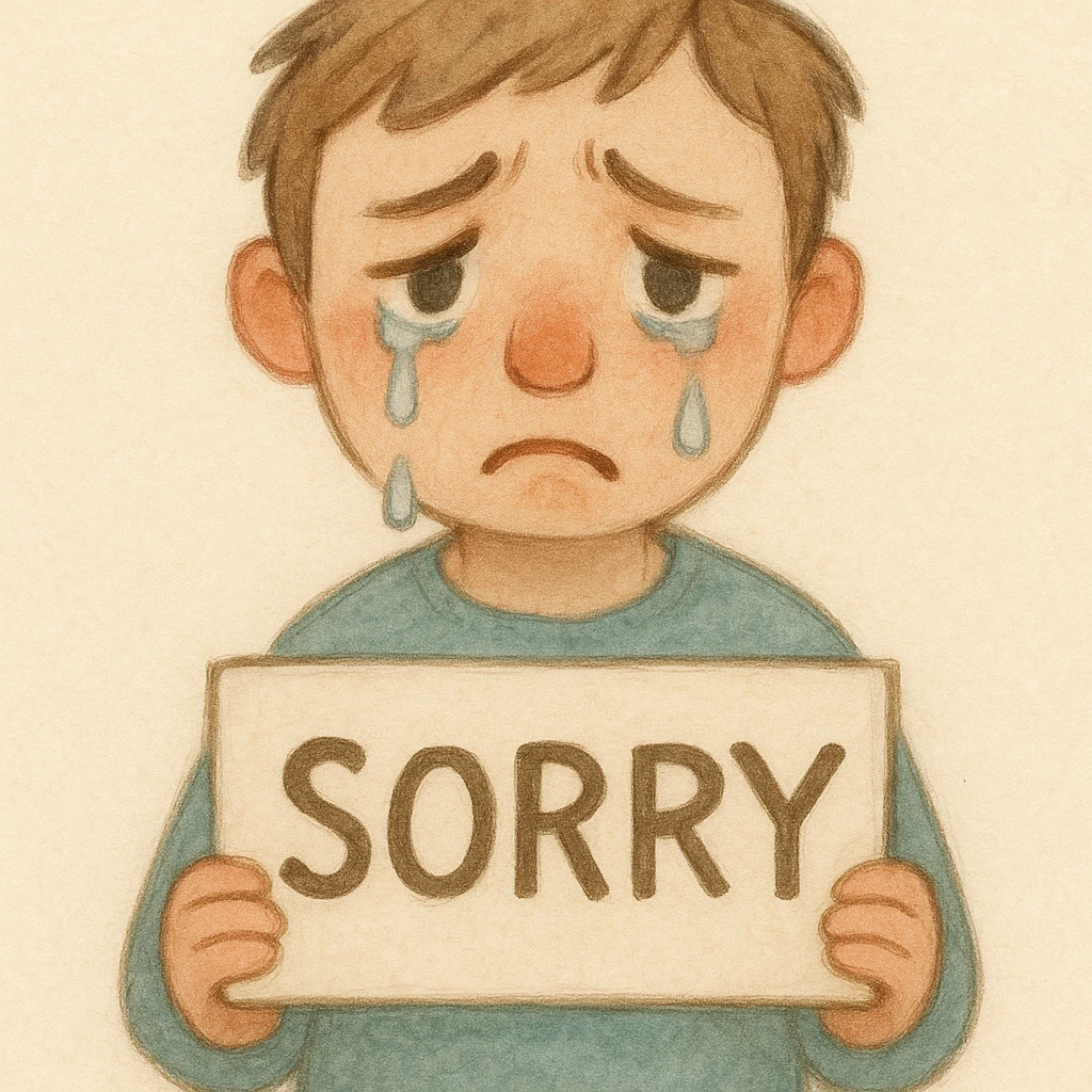 a sad character holding a sign that says 'sorry', clear and expressive style emoji