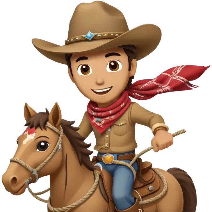 clash-of-clans-aesthetic_-cinematic-playful-cowboy-portrait-emoji, head-tilted with a roguish, cheeky grin and twinkling eyes, featuring a rugged, spirited build with a wide-brimmed cowboy hat and a rugged bandana, tan skin-tone, riding a galloping horse with reins in one hand and a lasso in the other, dust trailing behind. emoji