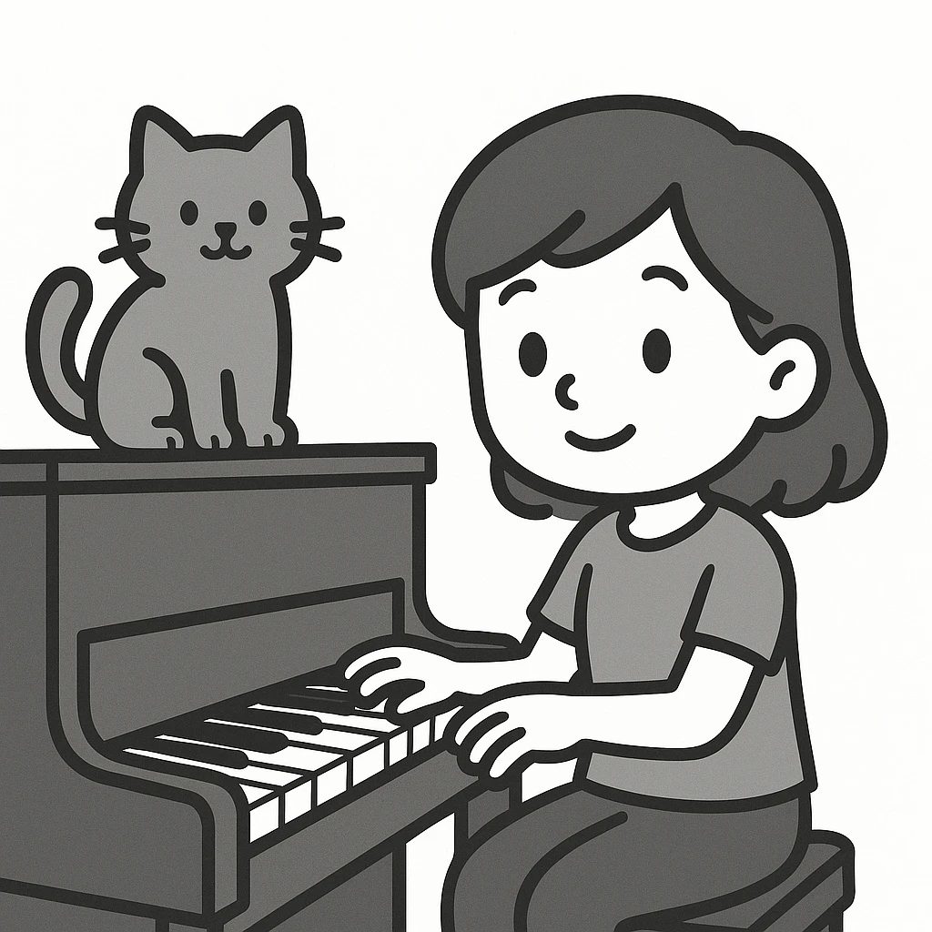 woman playing piano while her cat sits on top of the piano emoji