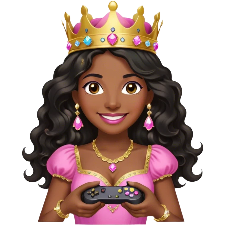 Crown dark black women smiling with really long WAVY hair pink dress pink crown facing forward black hair middle age adult woman gold gems in crown gold earrings  one woman smiling wink head only with game controller emoji