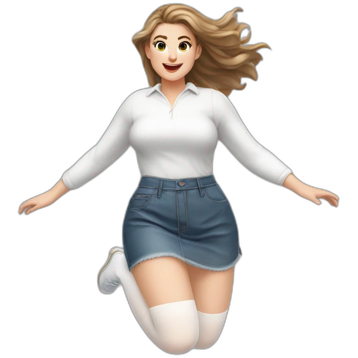 realistic full body caucasian curvy beauty jumping short transparent skirt back and front views strong wind white knickers long white socks emoji