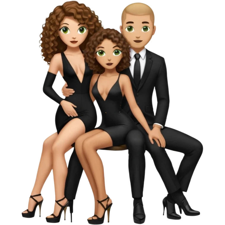 Sensual woman green eyes woman only brown long curly hair evil,with 7 inch platform stripper high heels long low cut black dress, man is touching woman’s butt, sitting on a buzz cut hair brownman’s pimp lap, holdingwomans butt man is wearing a black suit emoji