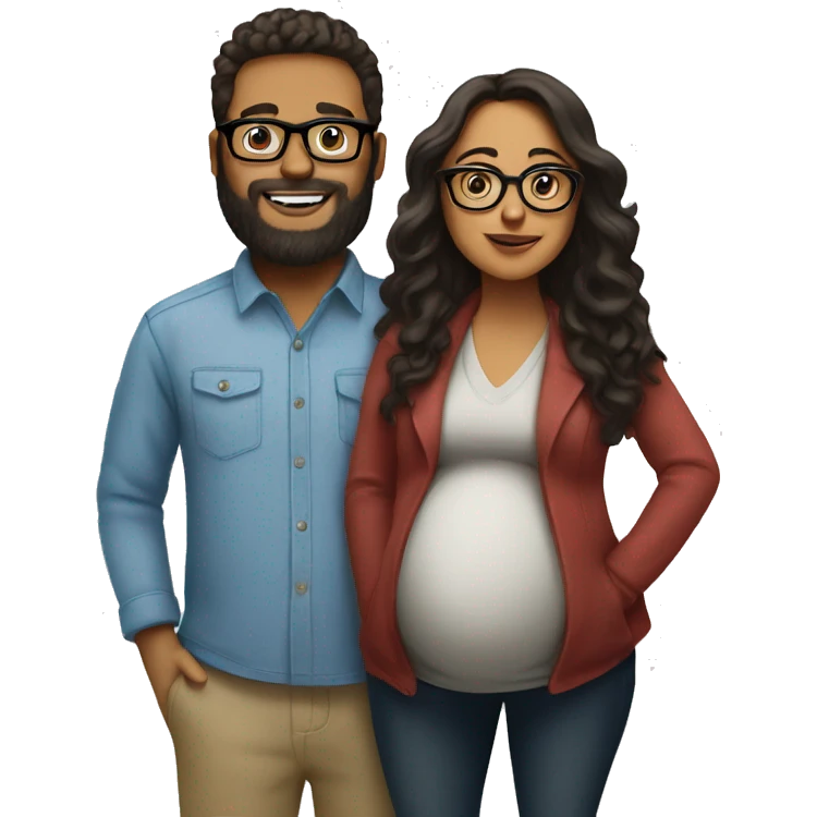 pregnancy announcement, latina woman with glasses standing with white male with glasses and beard  emoji