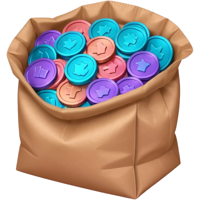 coins in gradient of turquoise, blue, pink, purple, and coral color inside a brown bag emoji