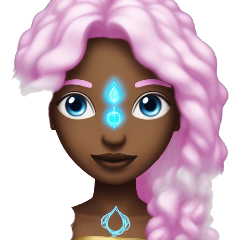 magical diva with thin pink andromedan skin long hair and blue eyes glowing third eye emoji