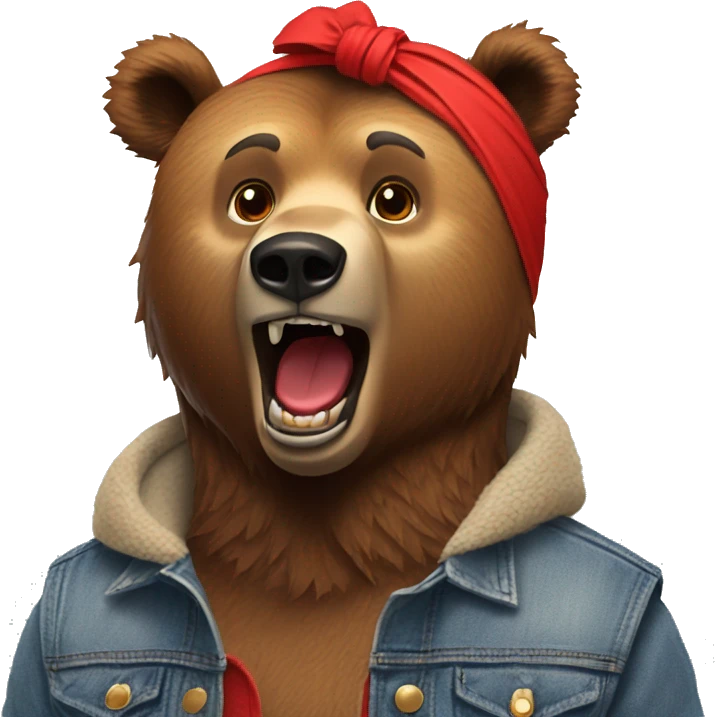 grizzly bear wearing sleeveless jean jacket and red headband with open mouth emoji