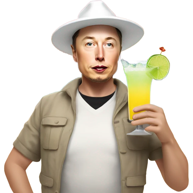 Elon musk wearing a snow hat sipping a margarita at the empty beach during sunset emoji