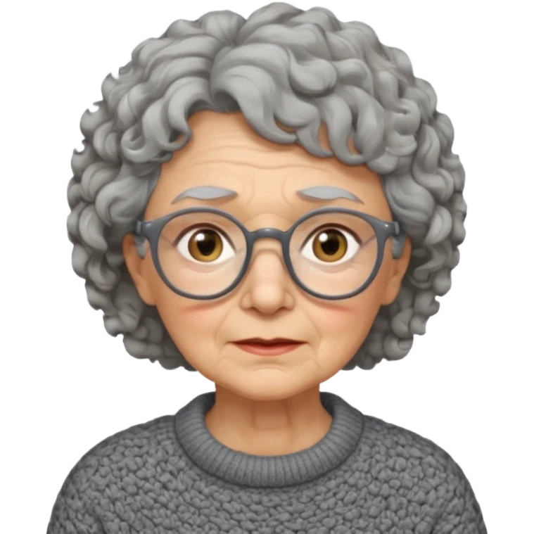 Old woman, solemn, wearing glasses and sweater, short curly hair emoji