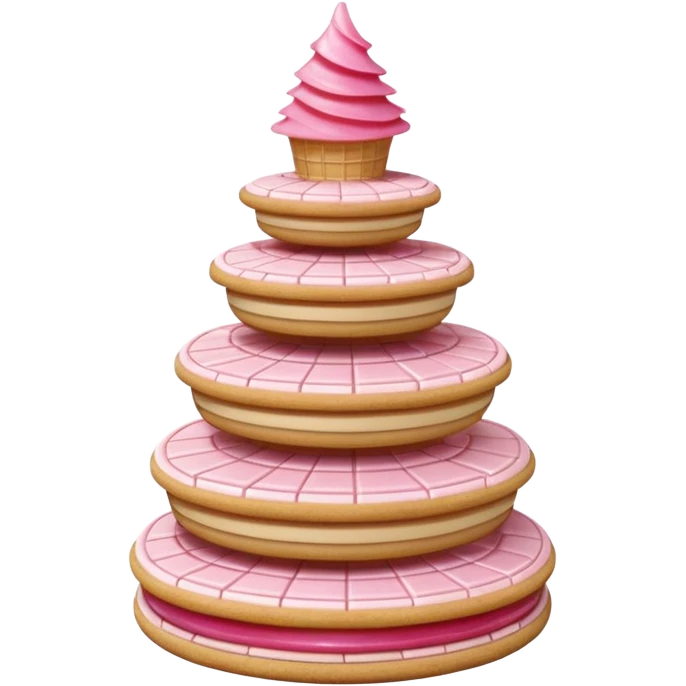 3D render of Wafer Tower, made entirely of dessert materials, glistening sugar crystal texture, grid-patterned beige cookie with pink cream filling, delicious confectionery aesthetic, Apple emoji style, isolated on white background --v 6.0. emoji