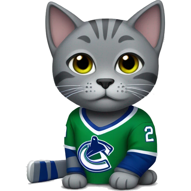 Grey cat wearing a canucks hockey jersey emoji
