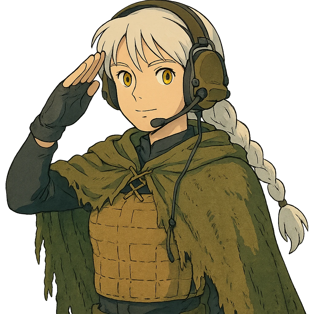 1 female, mid 20's, white hair in a long braid, gold yellow eyes, adorned in a black long sleeve shirt, tan body armor and a worn olive-green cloak with netting holding it together. She wears a COMTAC headset. is giving a stealthy salute emoji