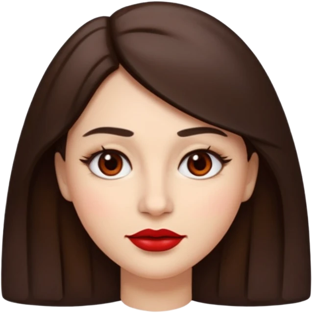 A woman emoji with fair skin, slightly wavy dark brown hair parted in the middle, an oval-shaped face, arched dark eyebrows, almond-shaped brown eyes, a small straight nose, and full lips with deep red lipstick. emoji