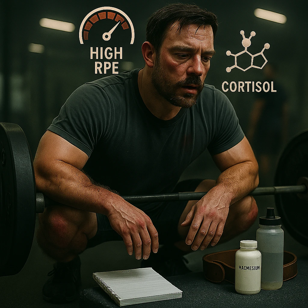 Add floating icons for high RPE and cortisol above the subject's head, maintaining the original style and colors. emoji