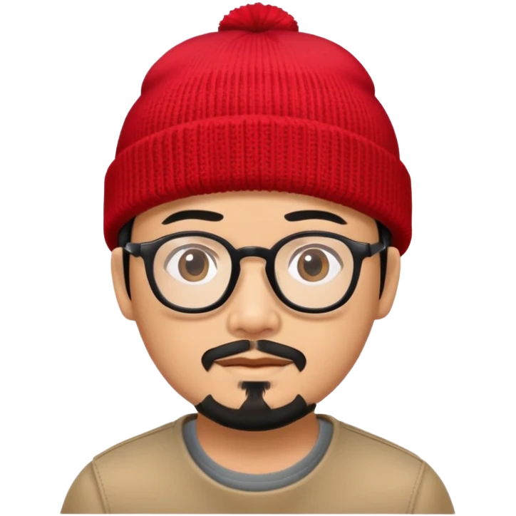 Asian man with black goatee, glasses, wearing a small red beanie emoji