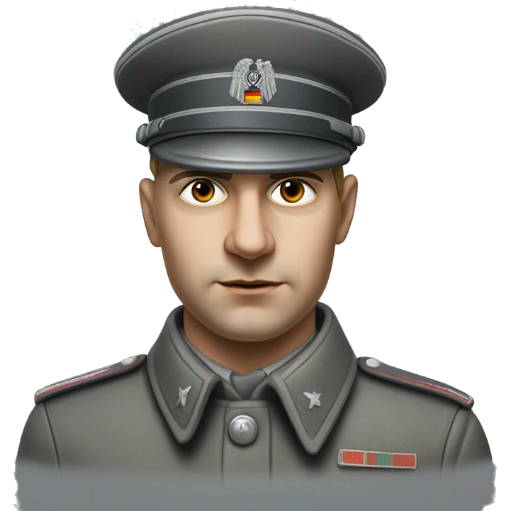photorealistic 30 years old german soldier the middle of the XX century gray uniform detailed face with wrinkles, closed mouth, small eyes  emoji