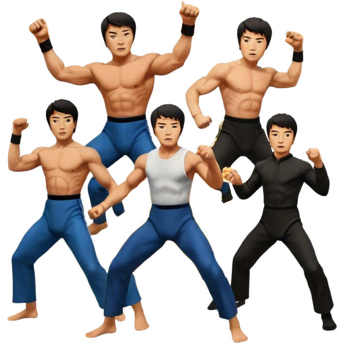 Icon for Action Movies: Collage of Arnold Schwarzenegger, Sylvester Stallone, Bruce Lee and Jackie Chan in iconic action poses, surrounded by explosions, weapons, and martial arts moves. The design should capture the high-energy, dynamic nature of their films. Transparent background. emoji