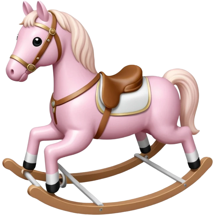 Light pink rocking horse toy for kids with a white saddle emoji