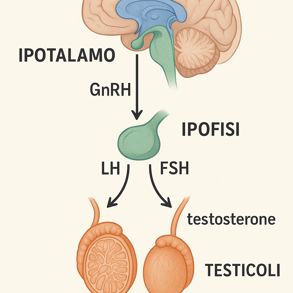 clear and realistic infographic of the HPT axis (hypothalamus-pituitary-testes): showing hypothalamus, pituitary gland, and testes connected by arrows, including hormone names (GnRH, LH, FSH, testosterone), simple diagram, distinct colors for each part, scritte in italiano emoji