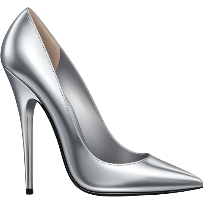 A pair of high heel shoes emoji made of polished silver chrome, elegant sharp silhouette, smooth metallic surface, glossy reflections, luxury sexy vibe, minimalistic iOS emoji style, centered, clean white background emoji