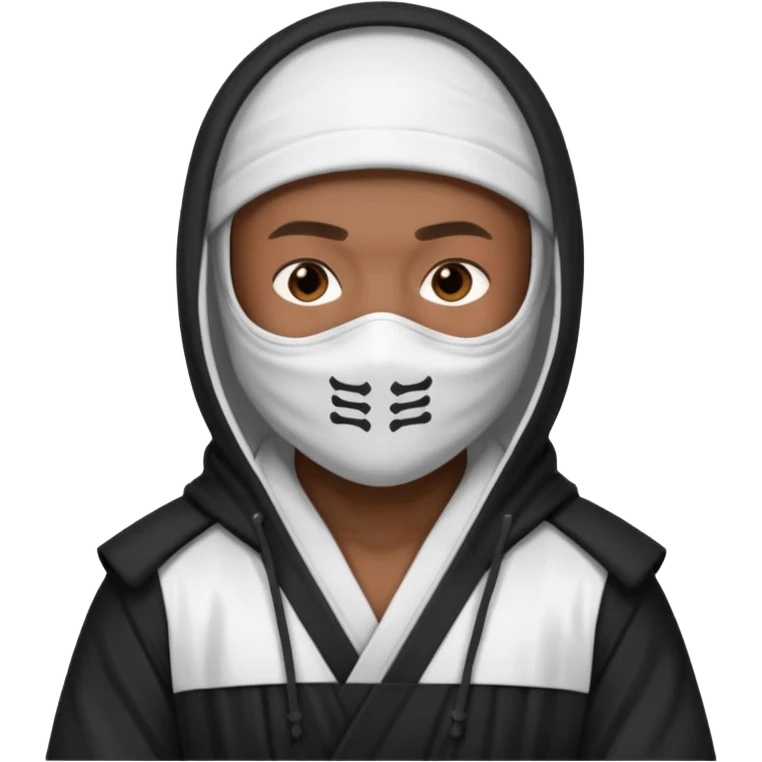 All white ninja robe with white ski mask to cover face and neck with a hoodie on and dark brown skin color emoji