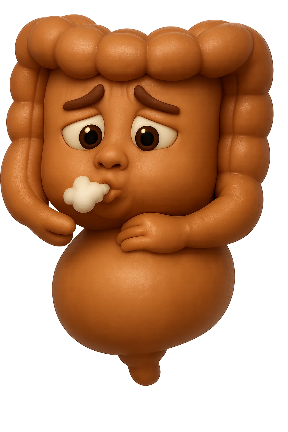 emoji stile iphone di un intestino che ingoia una nuvoletta di aria ben visibile e gli si gonfia la pancia, non fargli il naso, iperrealistico 4k emoji