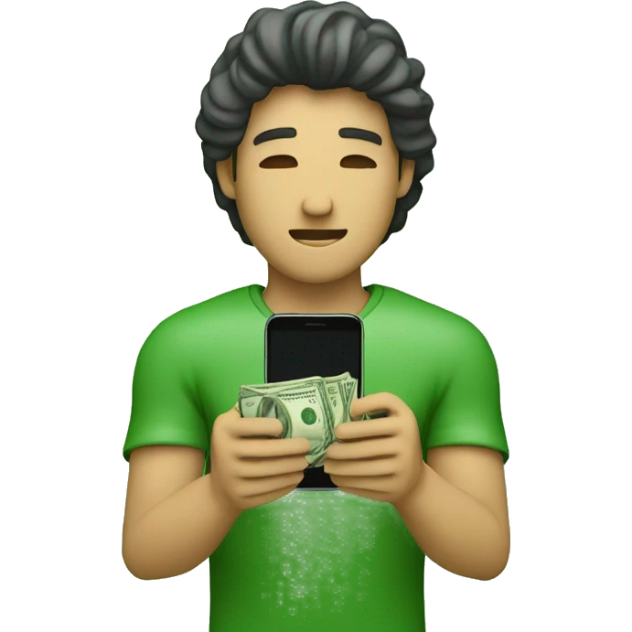 a man that in this right hand holds money and its other hand holds a phone and he is holding his hands up like praying and at top of his head is an texture of an app and the money color green emoji