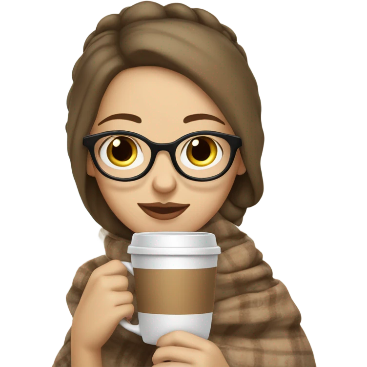 White brunette girl sipping a cappuccino covered in a blanket with glasses and a ponytail emoji