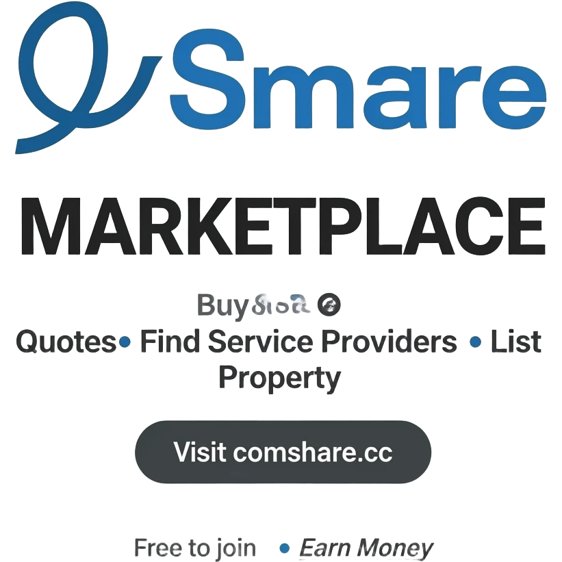Title: ComShare Main heading: "MARKETPLACE" Subtext: "Buy & Sell • Get Quotes • Find Service Providers • List Property" Call to action: "Visit comshare.cc" Bottom text: "Free to join • Earn Money".  Include subtle icons for shopping, sharing, money. Modern look. emoji