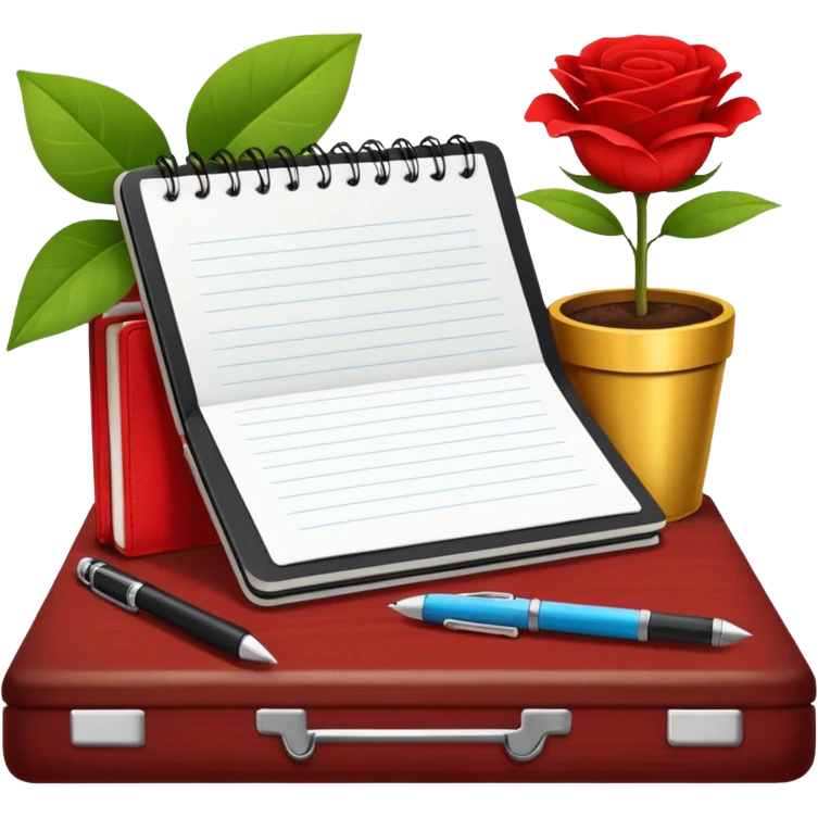 un letrero que diga VACACIONES y detrás un escritorio moderno, con una notebook, una agenda y una planta con una flor emoji