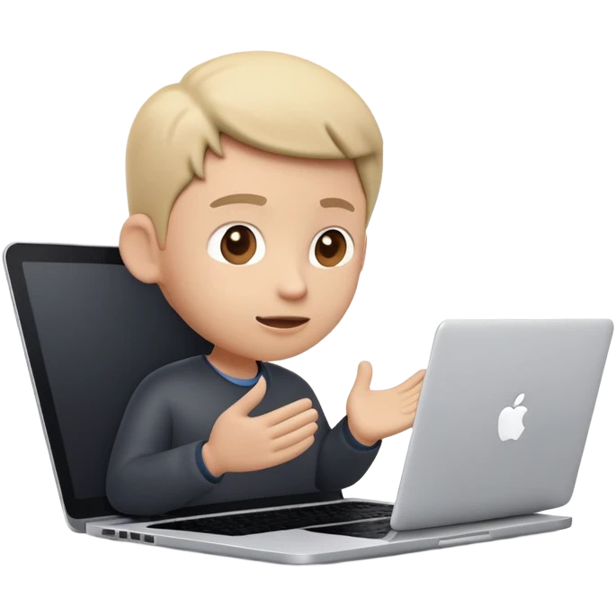 A dark-colored laptop with the screen open. From the screen, a person is emerging, standing or sitting as if giving a lecture or teaching. The person should look expressive and in a teaching pose. Soft shadows, semi-3D Apple emoji style, clean white background. emoji