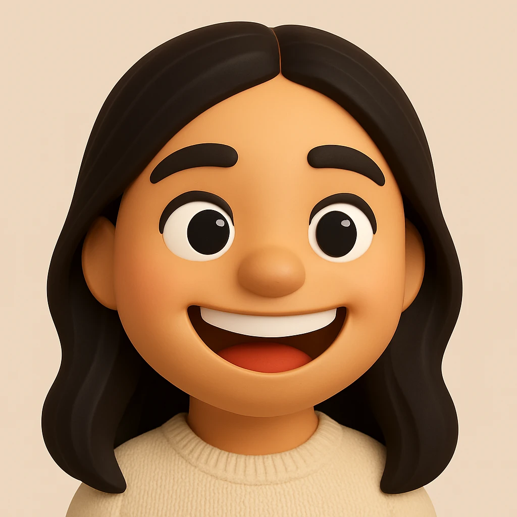 Create a 3D emoji-style portrait with a big smile, round face, large eyes, and a cheerful expression based on the reference image. The style should mimic the look of Microsoft style 3D fluent emojis, capturing the joyful and friendly vibe. emoji