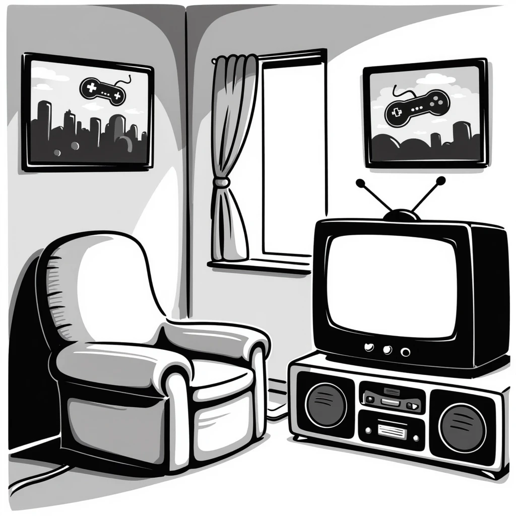 A retro gamer room with pixel posters and a console hooked to a tube TV emoji