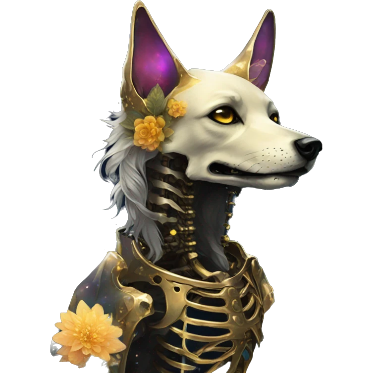Black iridescent dog fox zombie skeleton gold mechanical nebula galaxy stars flowers fairy lights vintage emoji