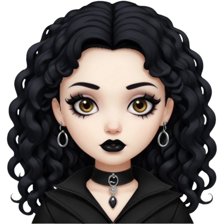 pale skin, goth bratz baddie, beautiful brown eyes, gothic black makeup, long black curly hair, black gothic hair styled, black goth clothes emoji