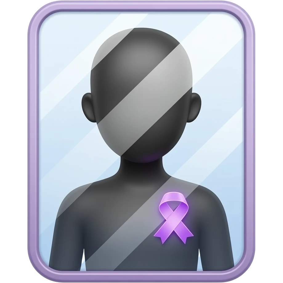 iOS-style emoji: detailed and ornate mirror reflecting a human silhouette with a glowing purple ribbon on the chest, symbolizing fibromyalgia awareness, soft gradients, subtle sparkle highlights, cute and minimal, transparent background emoji