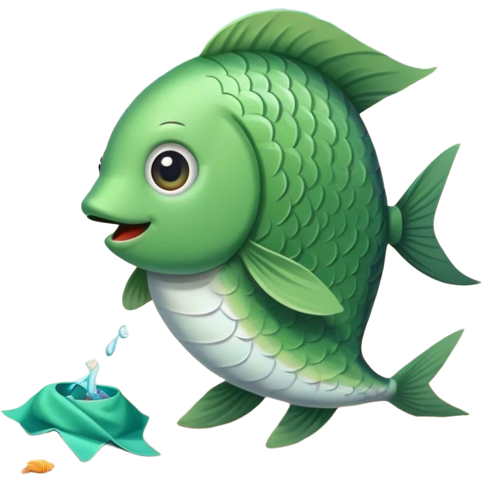 A fish wearing a green coat on the beach picking up litter.  emoji
