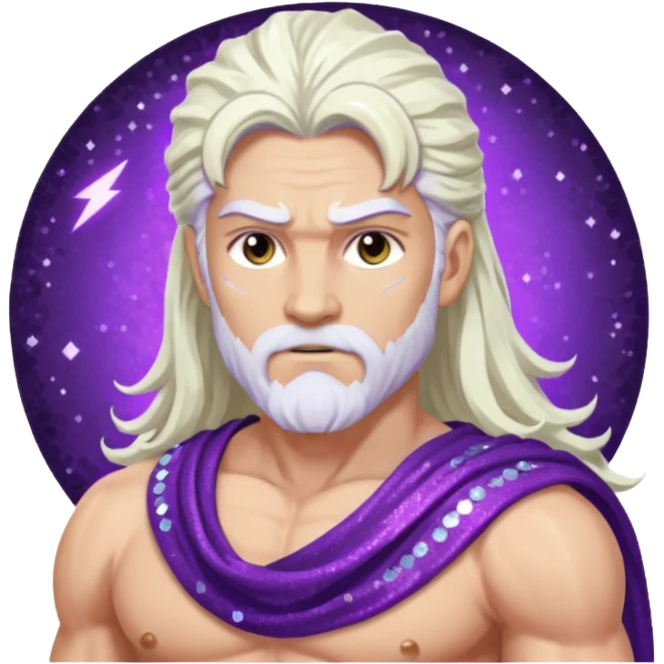 Jupiter Thunder God with long white hair, purple sequin toga emoji
