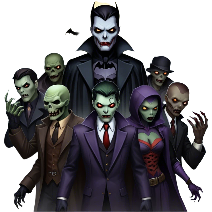 Icon for Thriller Movies: A large, dramatic collage featuring sinister villains and zombies in dark clothing. The background shows the gloomy cityscape of Gotham with dim lighting and eerie shadows. The atmosphere should be tense, mysterious, and suspenseful. Transparent background. emoji