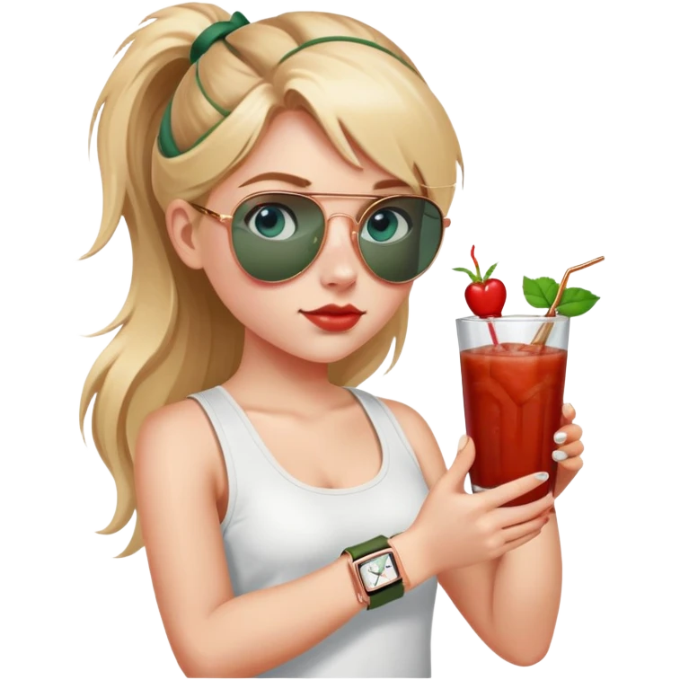 girl with long blond pigtailed hair
with blue eyes
and aviator sunglasses
wearing white tank top 
holding bloody mary
wearing (rose gold apple watch with forest green band) emoji