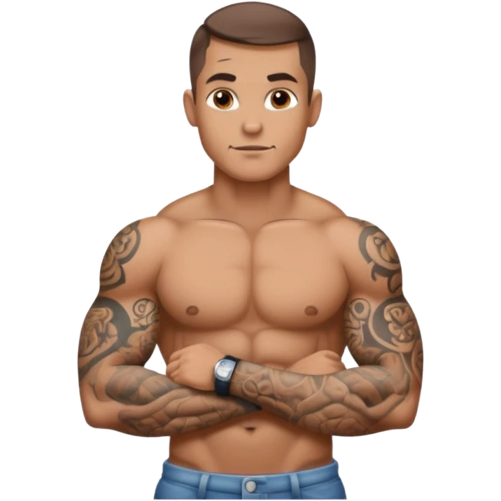 tattooed sleeves very muscular male with big penis sticking up from between legs emoji