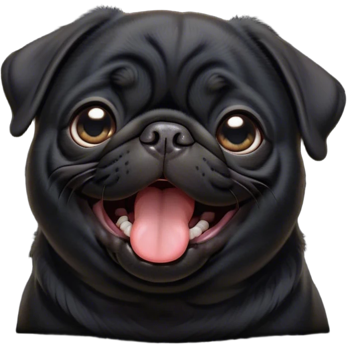 Cinematic Cute Yawning Black Pug Portrait Emoji, Head tilted slightly with a dramatic, wide-open yawn, showcasing a smooth black coat with a velvety texture, floppy ears slightly drooping, round dark eyes barely open in drowsy contentment, Simplified yet irresistibly adorable features, highly detailed, glowing with a soft, cozy glow, high shine, relaxed yet expressive, stylized with a touch of whimsy, bright and endearing, soft glowing outline, capturing the essence of a sleepy yet affectionate companion, so drowsy it feels like it could stretch out of the screen and curl up for a nap! emoji
