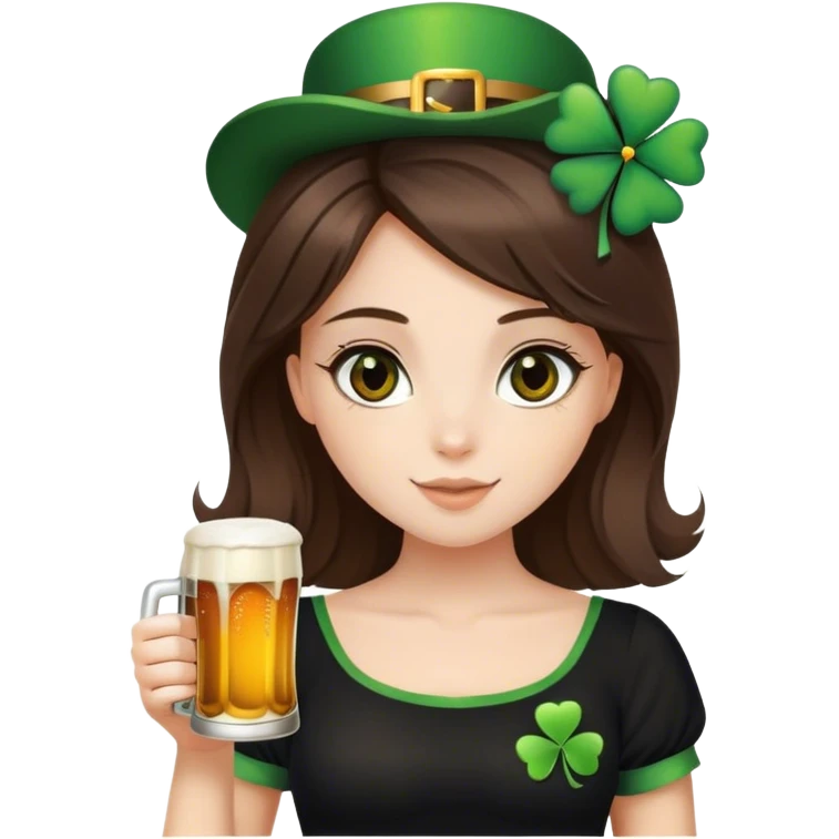 brown eyes brunette hair down girl black top holding a beer make her st. pattys themed emoji