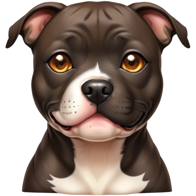 Cinematic Cute Black/Brindle Staffordshire Bull Terrier Portrait Emoji, Head tilted playfully and inquisitively, featuring a glossy Fur with a dynamic mix of black and brindle, round, sparkling dark eyes filled with curiosity, Simplified yet irresistibly adorable features, highly detailed, glowing with a warm, friendly glow, high shine, affectionate and spirited, stylized with a touch of whimsy, bright and endearing, soft glowing outline, capturing the essence of a mischievous yet loving pup, so playful it feels like it could bound out of the screen and into your arms! emoji