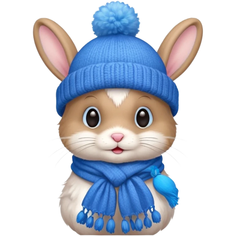 Rabbit, wearing a hat with pompom and a scarf (both blue) emoji