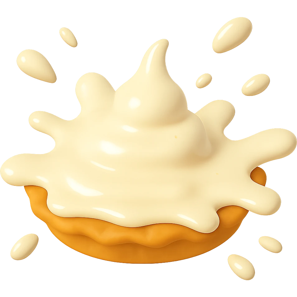 Show the full cream pie splat, maximum splash, crust flattened, playful 3D emoji style, golden brown crust, same angle as reference. (Stage 6 of 6) emoji